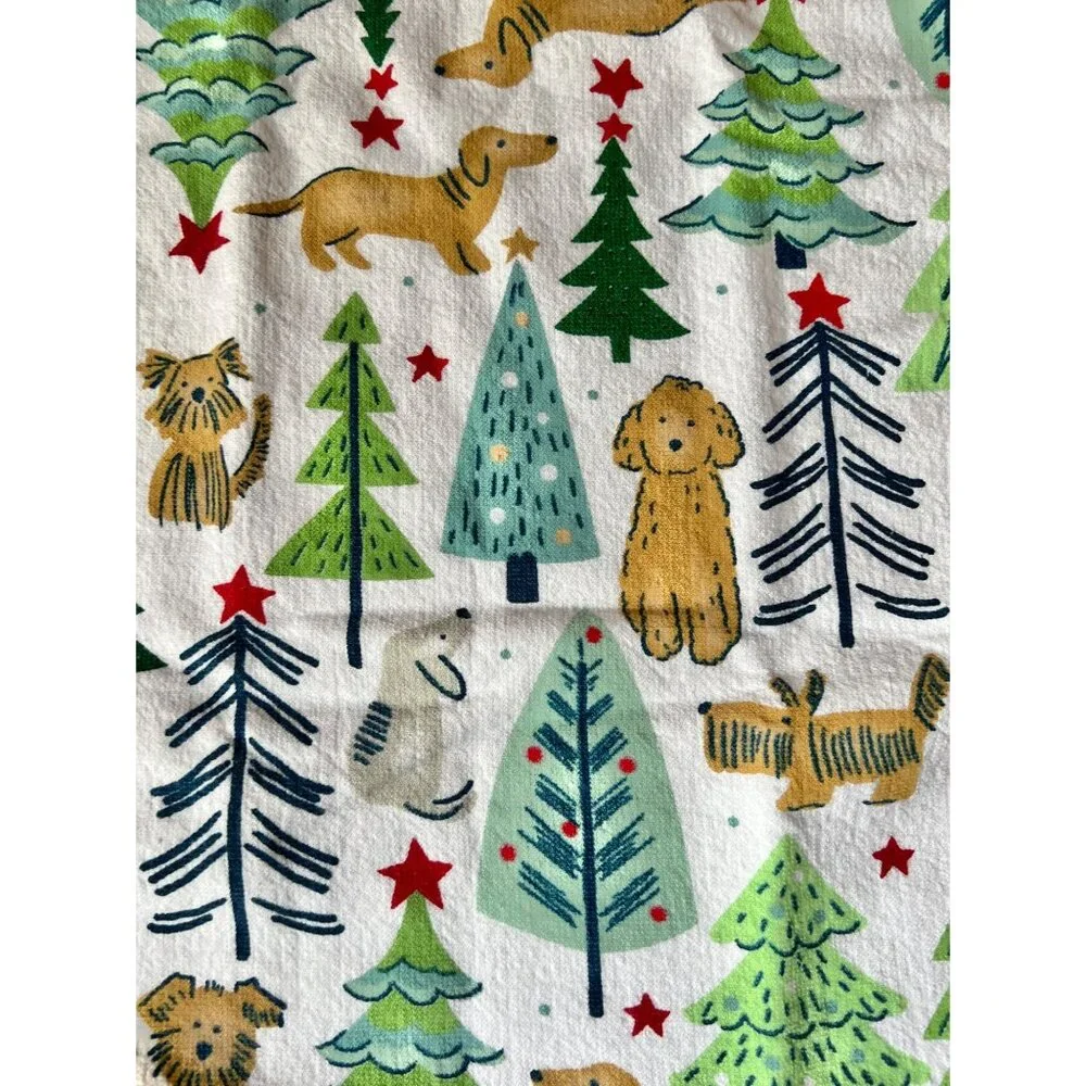 Whimsical Christmas Dogs & Trees Cotton Tea Towel Kitchen Decor